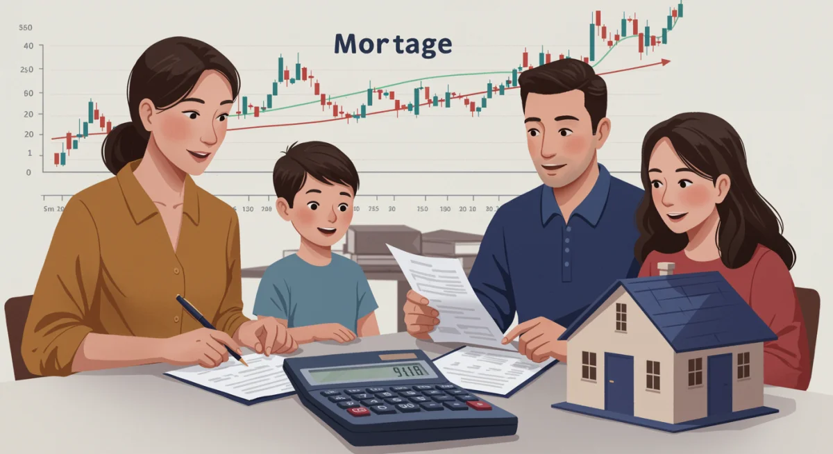 Family discussing mortgage finances with rising interest rate chart