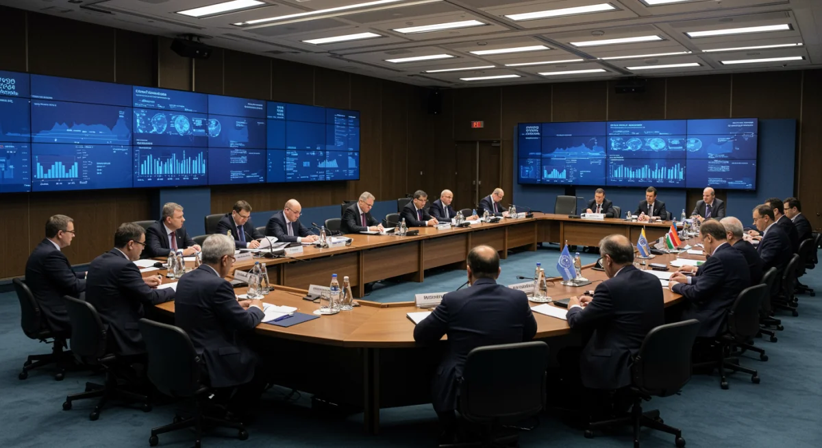 Diplomats from diverse nations engaged in intense discussions around a conference table on global challenges, symbolizing multilateralism and collaborative decision-making.