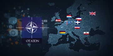 NATO emblem against a backdrop of European flags and digital threat representations, symbolizing future challenges.