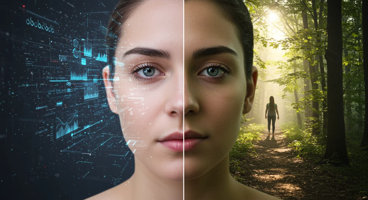 Person navigating dual online and offline identities in a futuristic setting, highlighting the complexity of cultural identity in the digital age.