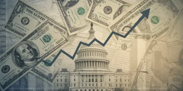 Graph illustrating rising US national debt with policy papers and currency, symbolizing economic challenges.