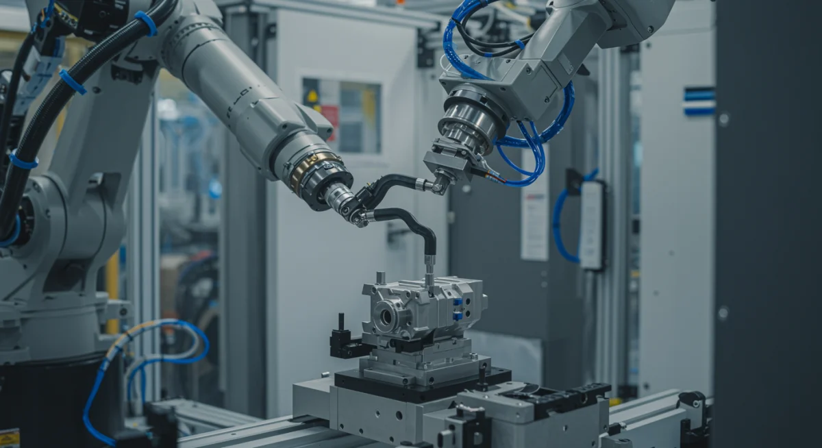 Robotic arm performing precision assembly in a modern automated factory setting.