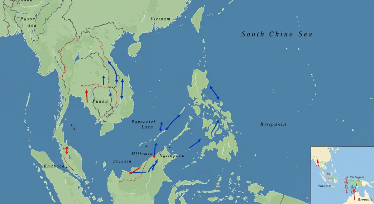 Map illustrating disputed territories and overlapping claims in the South China Sea