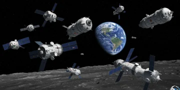 Multiple spacecraft converging on the Moon, symbolizing the new space race for lunar dominance.
