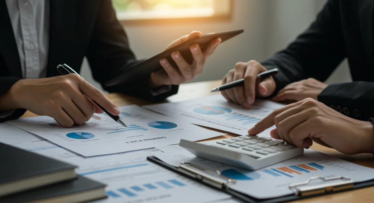 Tax documents, graphs, and a calculator on a desk for strategic tax planning.
