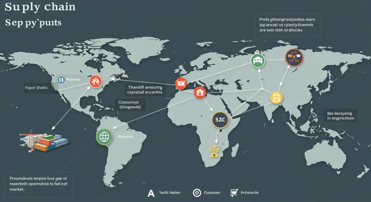 Infographic showing a complex global supply chain network affected by tariff changes.