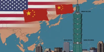 Taipei 101 with US and Chinese flags, symbolizing Taiwan's geopolitical future and regional stability.