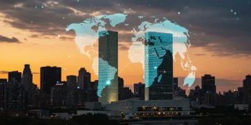 United Nations headquarters with a globe overlay, symbolizing global governance and U.S. leadership in reform efforts.