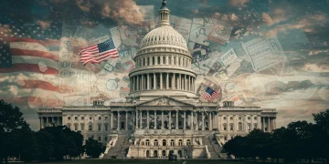 Stylized US Capitol with voting elements and fractured political symbols