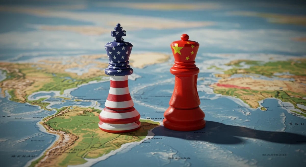 Chess pieces representing US and China on a global map, symbolizing strategic competition.