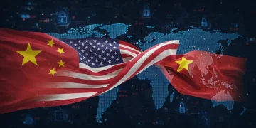US and China flags symbolizing intertwined relations amidst global trade and security challenges.