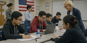 Students and teachers collaborating in a modern US classroom.