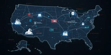 Digital map of US critical infrastructure with cybersecurity threats and defenses