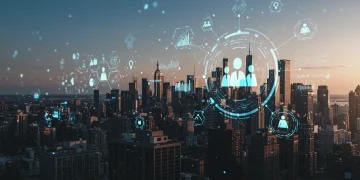 Futuristic US city skyline with digital data and diverse workforce, symbolizing the evolving labor market.