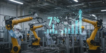 Futuristic US factory with robots and humans, depicting 7% growth in manufacturing through automation and reshoring.