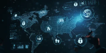 Digital map of the United States with cybersecurity threats and geopolitical symbols