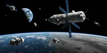 Futuristic commercial spacecraft docking at an orbital station with Earth and Moon in the background, symbolizing US space policy in 2025.