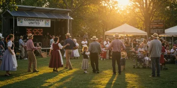 Diverse community festival blending traditional American activities with modern sustainable practices and digital elements.