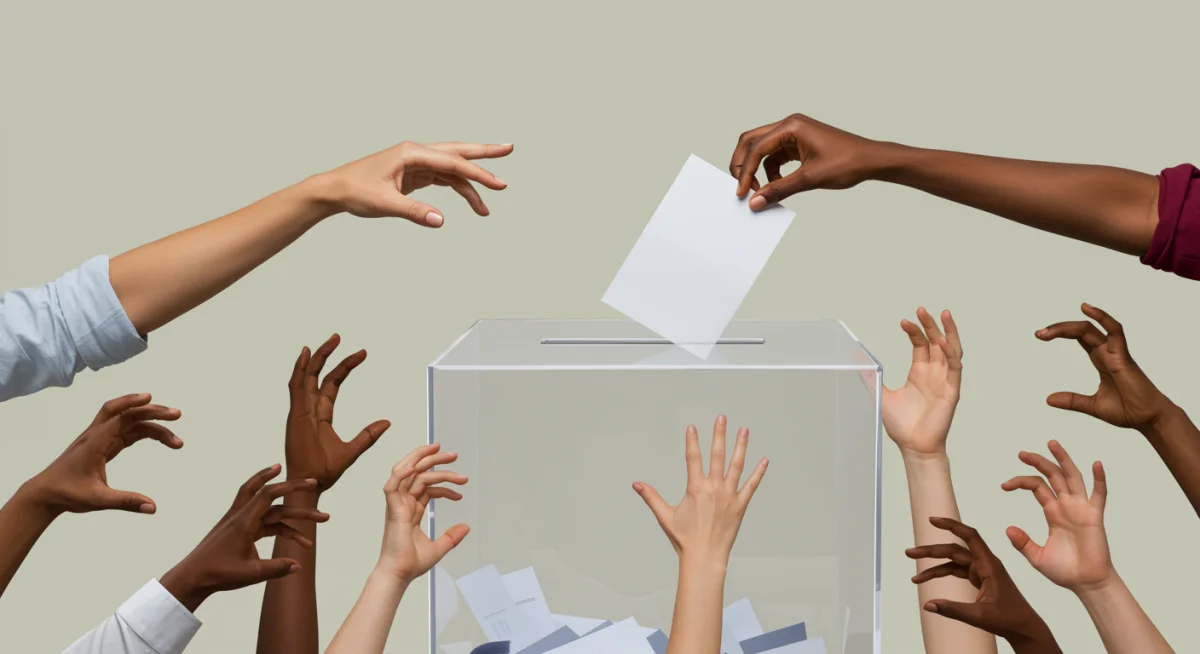 Diverse hands reaching for a ballot box, symbolizing voting access issues