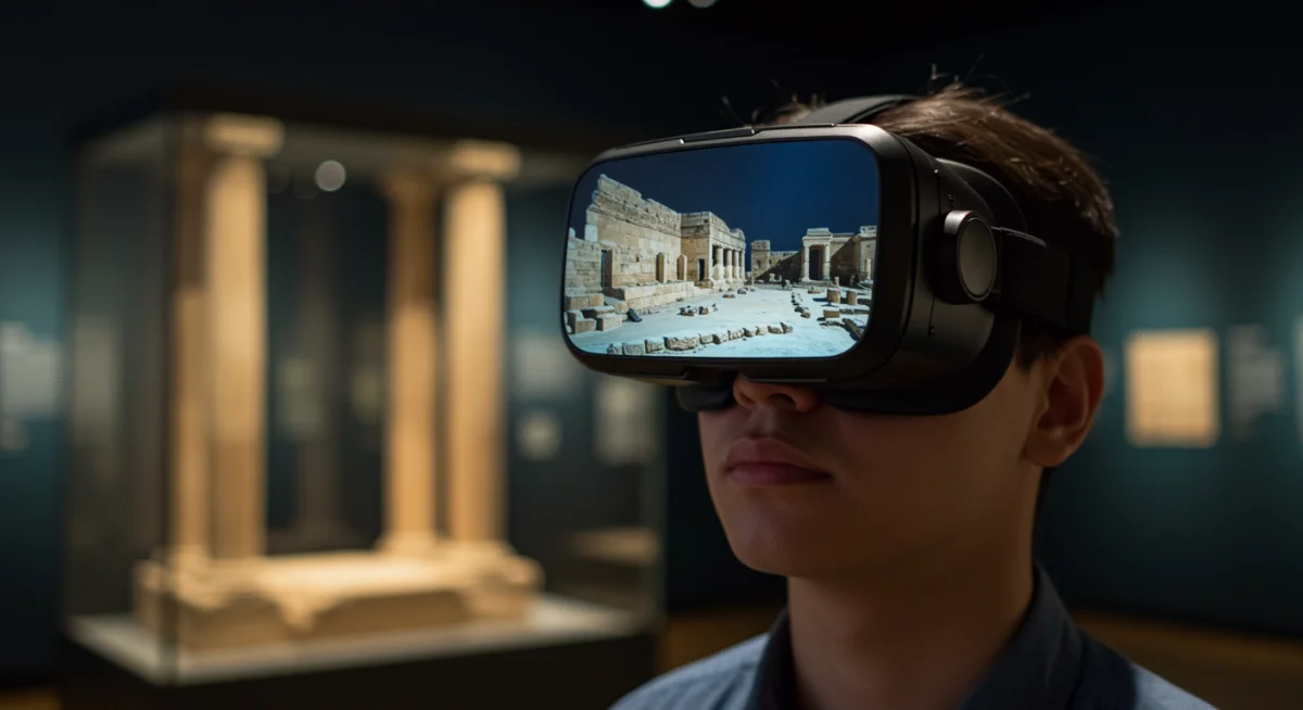 Museum visitor experiencing a virtual reality tour, showcasing immersive digital engagement.