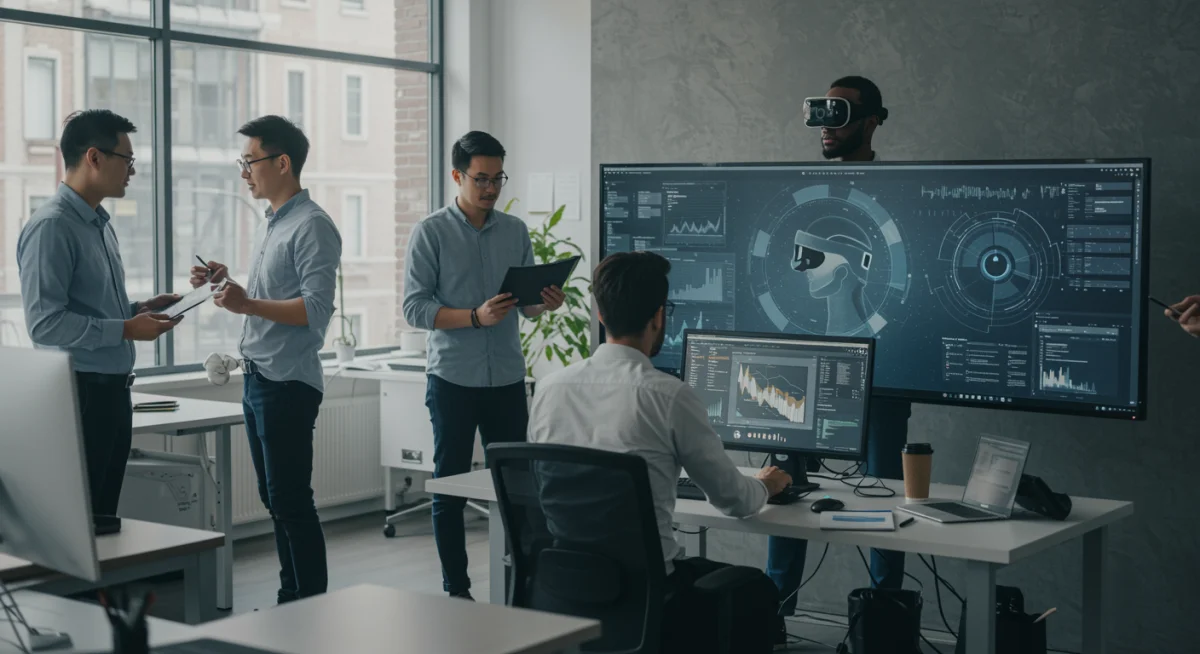 Diverse professionals collaborating in a modern office with integrated technology, symbolizing human-AI synergy.