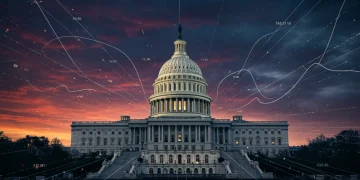 US Capitol building with converging data lines, symbolizing critical political shifts in the 2026 election cycle.