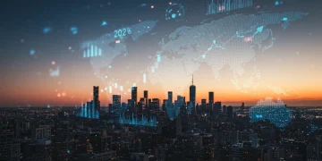 Futuristic cityscape with economic data overlays, representing the 2026 U.S. economic outlook and investment strategies.