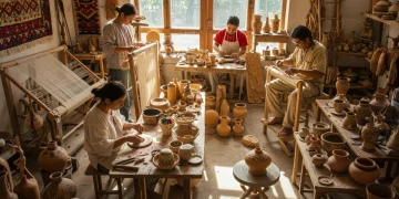 Artisans practicing various traditional crafts in a modern workshop setting