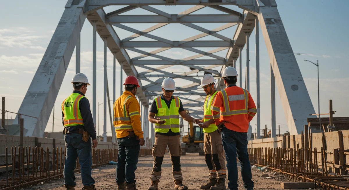 Construction workers building a bridge, representing infrastructure job creation