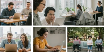 Diverse individuals working remotely in various settings, symbolizing evolving American social fabric