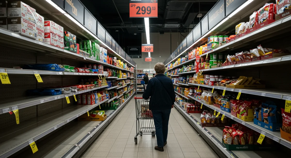 Empty grocery store shelves with high price tags, reflecting supply chain impact