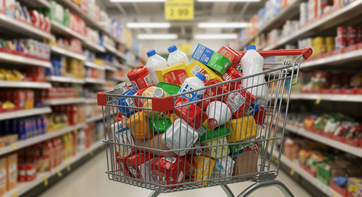 Partially empty shopping cart symbolizing product scarcity and rising consumer prices.
