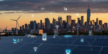 Energy Transition's Economic Dividends: $1.5 Trillion US Market by 2026 Futuristic city powered by renewable energy, symbolizing the economic dividends of energy transition