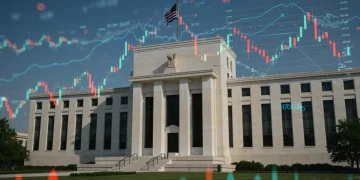 Federal Reserve building with economic data overlay, symbolizing policy shifts and future stability.
