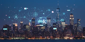 2026 Digital Economy: Key Trends Driving 15% US Tech Growth Futuristic city skyline with digital data overlays representing the 2026 digital economy and US tech growth.