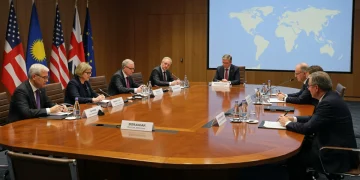 G7 leaders discussing global economic policies and trade agreements.