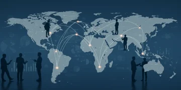 Global business leaders strategizing amidst geopolitical maps, symbolizing risk management.