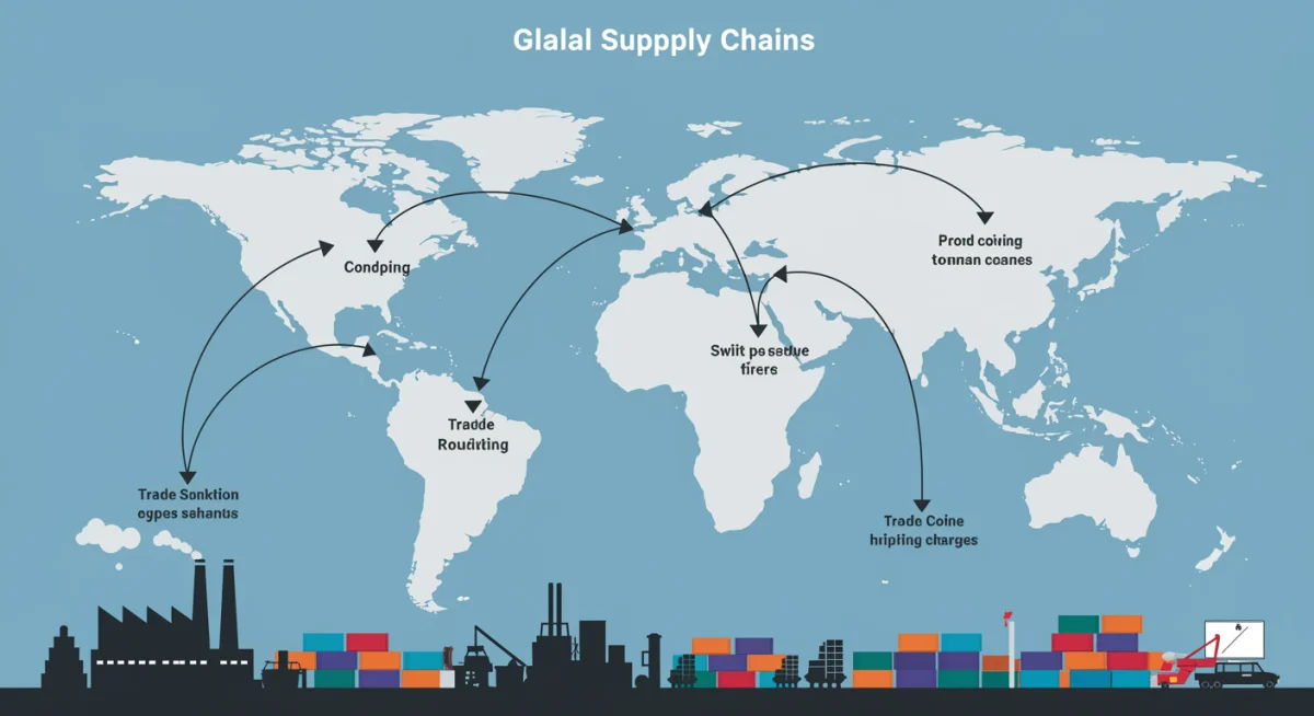 Global supply chain network showing disruptions and re-routing due to trade tariffs.