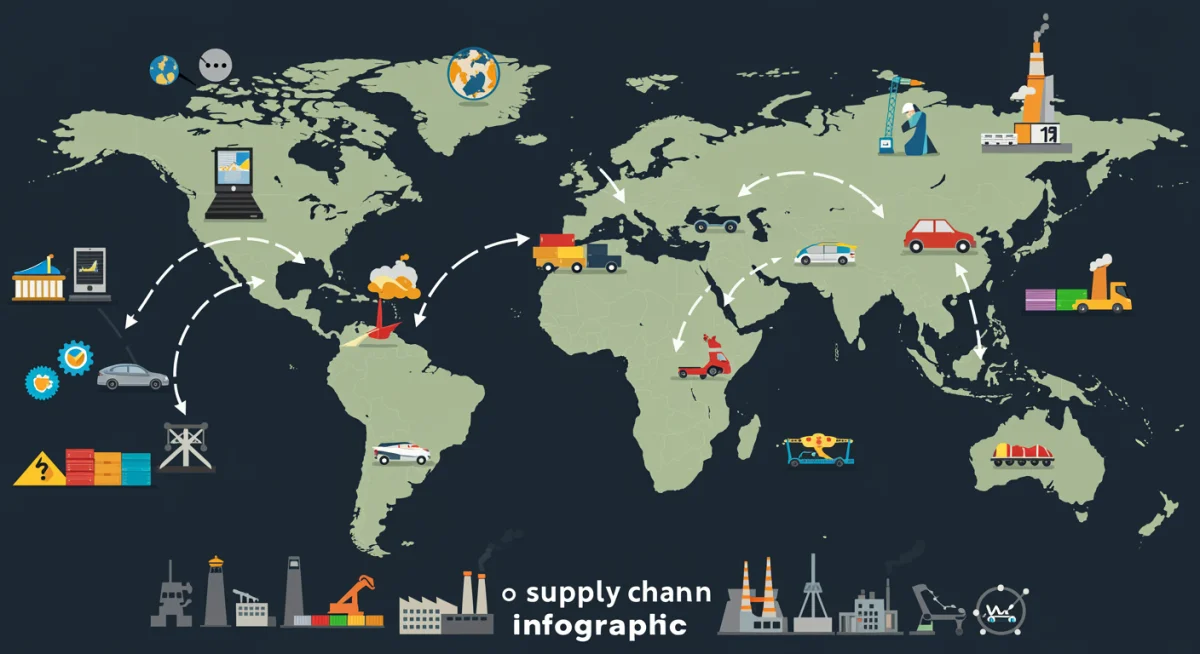 Global supply chain illustration showing trade routes and industrial sectors.
