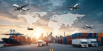 Global supply chain network with ships, planes, and trucks moving goods to the US, symbolizing realignment and economic shifts.