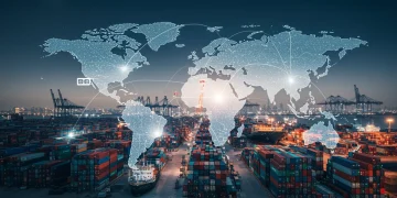 Global supply chain network with digital overlays, symbolizing resilience and cost mitigation strategies for U.S. businesses in 2026.
