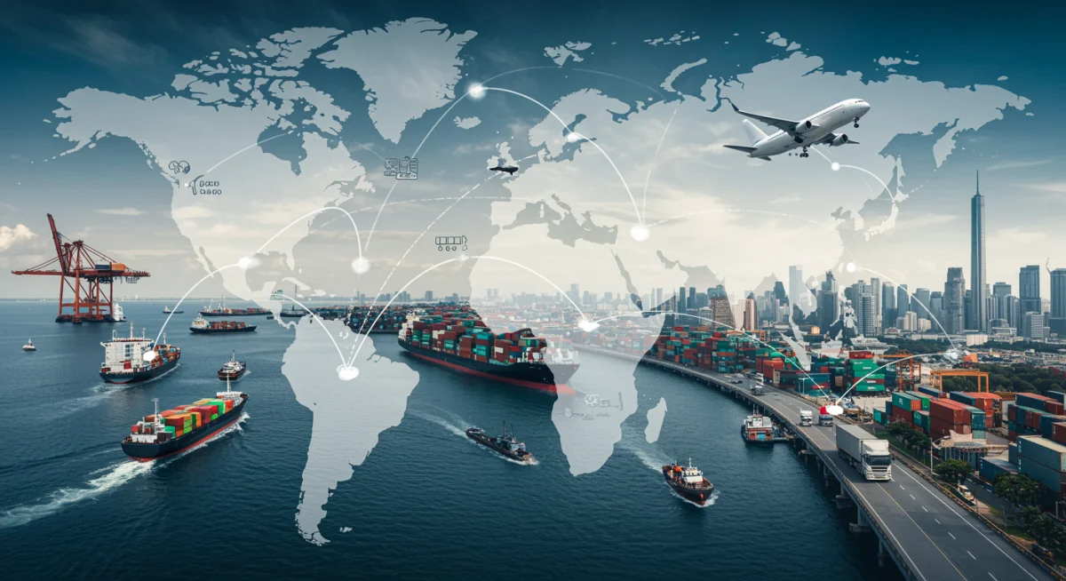 Global supply chains with ships, planes, and trucks, symbolizing international trade and economic policy.