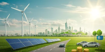 Green Economy Boom: 3 High-Growth U.S. Sectors for 2026 Investment Green economy boom with wind turbines, solar panels, and electric car charging stations in a modern city.