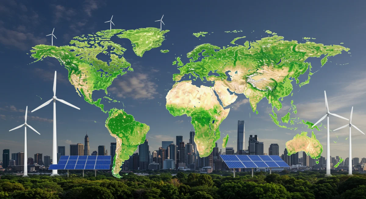 Interconnected global economies transitioning to green energy, showing economic implications of climate agreements.