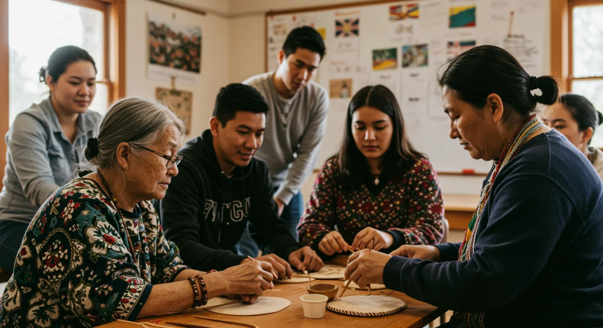 Intergenerational group learning traditional craft, symbolizing knowledge transfer.