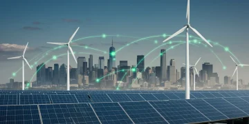 IRA's Renewable Energy Impact in US by 2026: Insider Look Illustration of renewable energy growth in the US, depicting solar, wind, and battery storage facilities under the IRA.