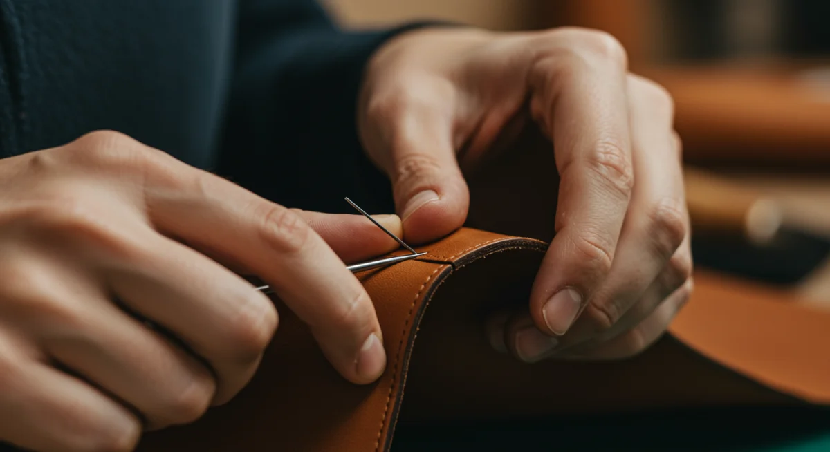 Close-up of hands meticulously stitching leather in traditional craft