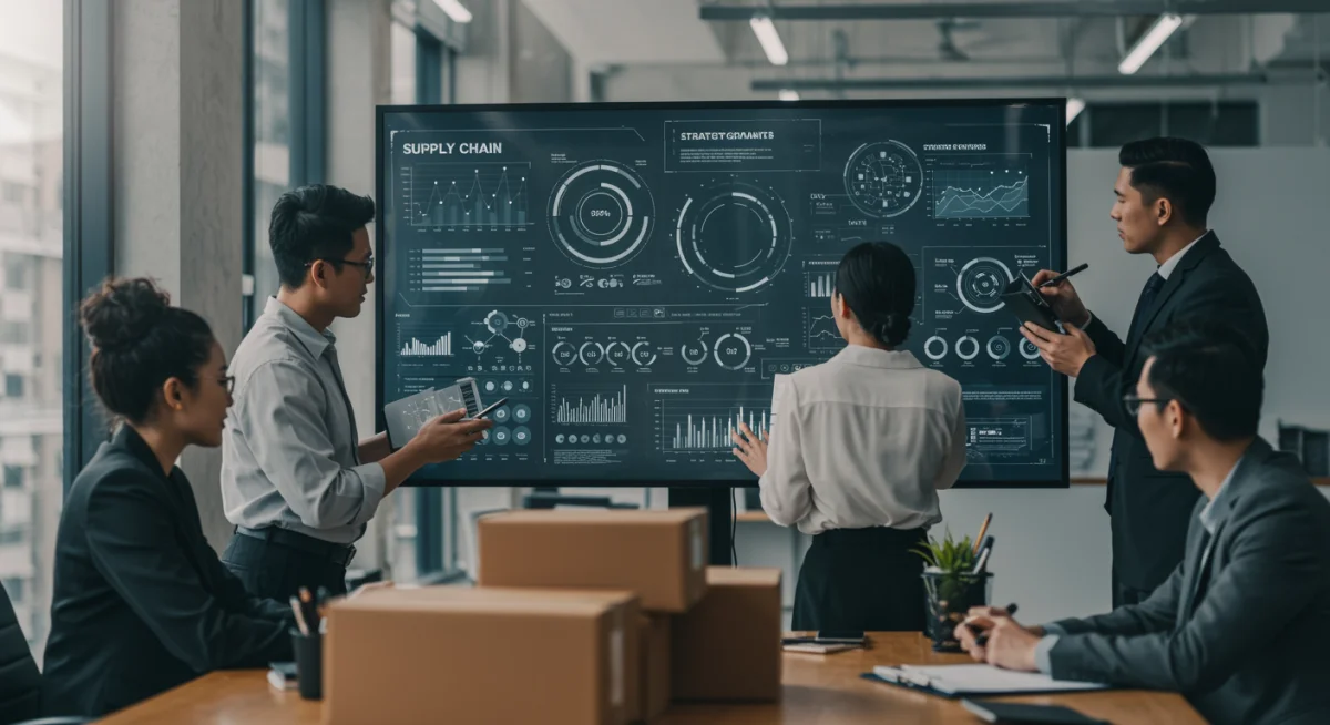 Business team analyzing supply chain data on a digital screen, focusing on cost mitigation strategies.