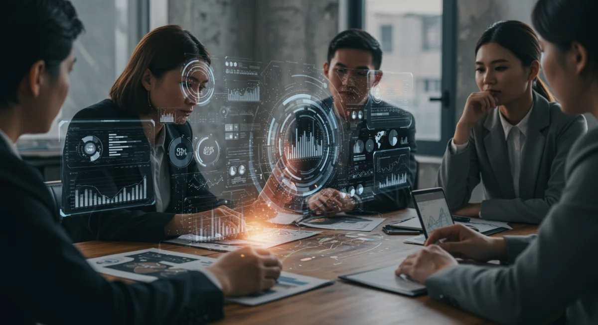 Diverse team collaborating on digital interface with holographic data, symbolizing tech innovation.