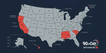 Presidential Election 2024: 90-Day Outlook on Battleground States Stylized map of US battleground states for 2024 election with 90-day countdown